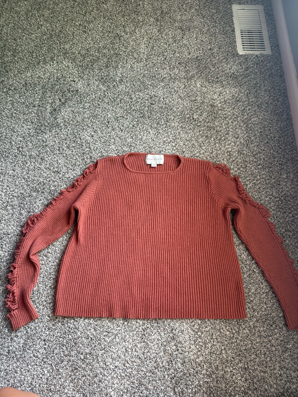 Paper Crane Rust Fringe-Trim Ribbed Crew Sweater